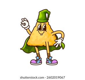 Groovy cartoon nacho for Halloween or Mexican Tex Mex food character, vector funny emoji. Groovy nachos chip in witch hat and mage sorcerer magic mantle with happy face for Halloween cartoon character