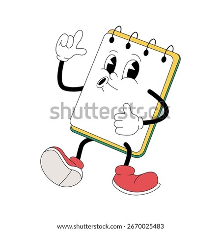 Groovy cartoon notepad character in retro 80s style for school and education illustration