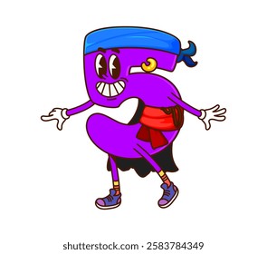 Groovy cartoon number 5 pirate corsair or Caribbean captain, vector character. Funny groovy math number Five 5 as pirate sailor in bandana with corsair golden earring as pirate cartoon character