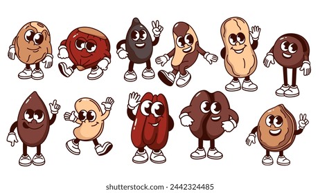 Groovy cartoon nut and bean characters set. Funny retro nuts for eating in healthy nutrition, protein snack mascots with happy expression, cartoon coffee sticker of 70s 80s style vector illustration