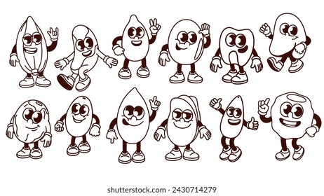 Groovy cartoon nut, bean and seed characters set. Funny retro protein food snacks, nut mascots with smiles and comic gestures, cartoon stickers collection of 70s 80s style vector illustration