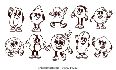 Groovy cartoon nut, bean and seed characters set. Funny retro dry grains with greeting gestures and happy faces, friendly nut mascots, cartoon stickers collection of 70s 80s style vector illustration