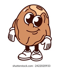 Groovy cartoon nutmeg character with smile on friendly face. Funny retro brown nut standing, nutmeg mascot with arms and legs, cartoon spice for cooking sticker of 70s 80s style vector illustration