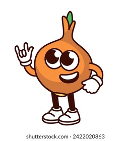 Groovy cartoon onion bulb character with rock band gesture. Funny retro spicy vegetable with sign of rocker, onion with brown peel mascot, cartoon food sticker of 70s 80s style vector illustration