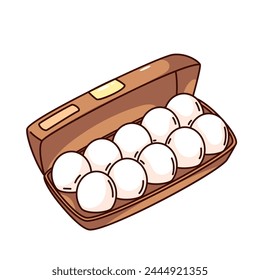 Groovy cartoon open carton box with ten fresh eggs. Funny retro storage container of organic eggs, poultry farm products mascot, cartoon breakfast food sticker of 70s 80s style vector illustration