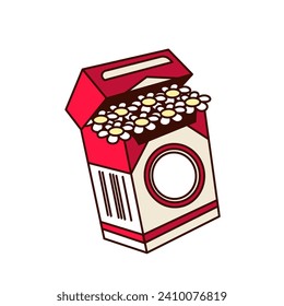 Groovy cartoon open cigarette pack with flowers. Funny retro box full of summer daisy, hippie mascot mascot instead of cigarettes with tobacco, cartoon sticker of 60s 70s style vector illustration