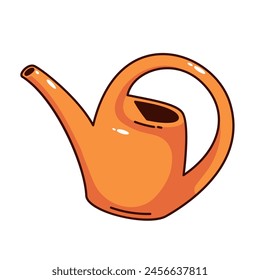 Groovy cartoon orange watering can. Funny retro pot for growing and watering indoor plants, home garden tool for gardening mascot, cartoon sprinkler sticker of 70s 80s style vector illustration