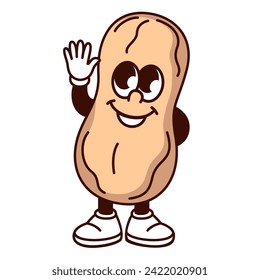 Groovy cartoon peanut character waving hand to say Hello. Funny retro nut with shell and smile, cheerful peanut mascot with hand up, cartoon protein snack sticker of 70s 80s style vector illustration