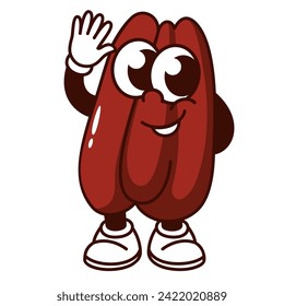 Groovy cartoon pecan character with hand up. Funny retro brown nut waving with smile to say welcome, pecan mascot greeting, cartoon vegan protein snack sticker of 70s 80s style vector illustration