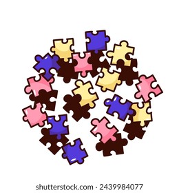 Groovy cartoon pile of puzzle pieces in different colors. Funny retro heap of logic puzzle game parts with round shape, jigsaw mascot, cartoon toy sticker of 70s 80s style vector illustration