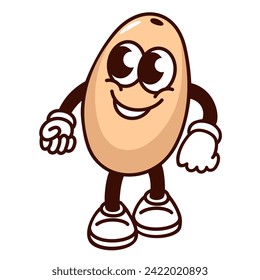 Groovy cartoon pine nut character with happy smile. Funny retro seed with arms and legs standing, comic positive nut mascot. Cartoon emoji, food snack sticker of 70s 80s style vector illustration