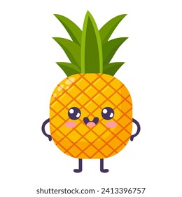 Groovy cartoon pineapple. Happy cute fruit character, plant with smiling face, funny berry, graphic elements isolated collection. Vector food illustration.