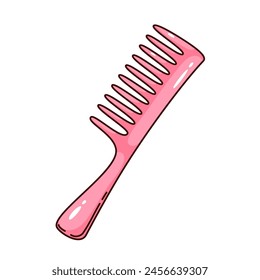 Groovy cartoon pink plastic comb. Funny retro glossy comb with teeth and handle for styling, hair care and hygiene, hairdressers accessory mascot, cartoon sticker of 70s 80s style vector illustration