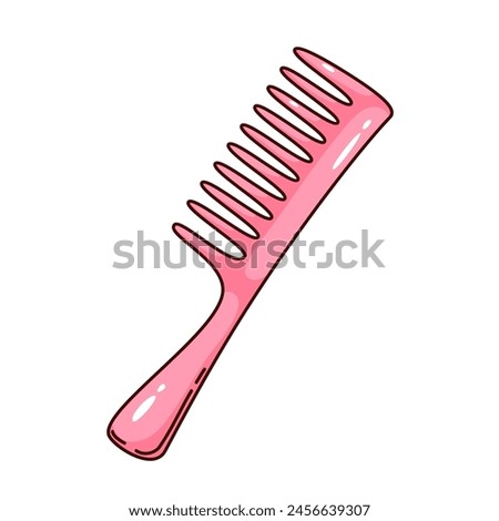 Groovy cartoon pink plastic comb. Funny retro glossy comb with teeth and handle for styling, hair care and hygiene, hairdressers accessory mascot, cartoon sticker of 70s 80s style vector illustration