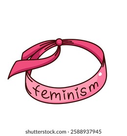 Groovy cartoon pink silk ribbon ring with knot and Feminism text. Funny retro hair band of girls power movement activist. Feminist mascot, cartoon ribbon sticker of 70s 80s style vector illustration