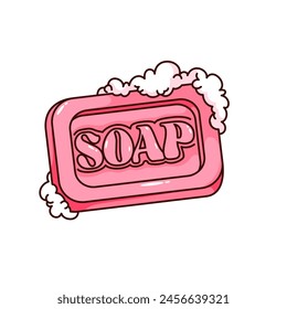 Groovy cartoon pink wet soap bar with bubbles of foam. Funny retro rectangle bath solid soap, hygiene in toilet, body care and cleanliness mascot, cartoon sticker of 70s 80s style vector illustration