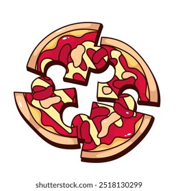 Pizza em forma de quebra-cabeça do Groovy. Engraçado retro pedaços de pizza para comer por quatro amigos juntos. Amizade, mascote de festa de fast food, adesivo de desenho animado de estilo 70s 80s ilustração vetorial
