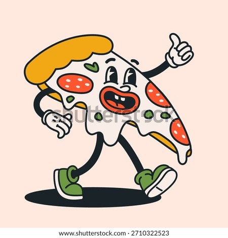 Groovy cartoon pizza slice character in retro style. Playful walking pizzas slice with melting cheese, pepperoni toppings and expressive face. Great for stickers, branding, menus, design projects