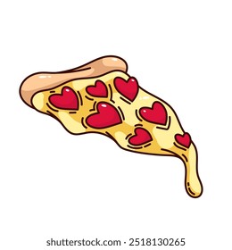 Groovy cartoon pizza slice with pepperoni of heart shape on cheese. Funny retro pizza piece with drops of sauce drip. Love to fast food mascot, cartoon sticker of 70s 80s style vector illustration