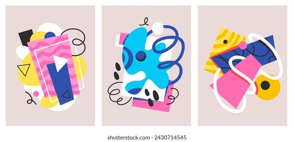 Groovy cartoon posters set with geometric shapes and figures. Funny retro doodle compositions of funky cartoon elements, cool bright stains and decorative shapes collection vector illustration