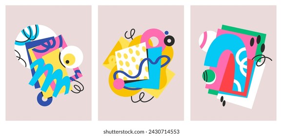 Groovy cartoon posters set with geometric shapes and stains. Funny retro doodle psychedelic collage with layers of simple shapes and unique textures, cartoon trippy elements vector illustration