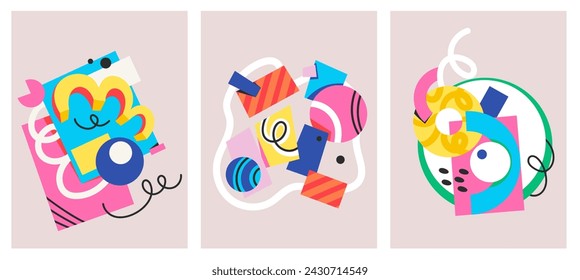 Groovy cartoon posters set with minimalistic collages of geometric shapes. Funny retro abstract backgrounds, doodle pattern and fun composition of psychedelic cartoon shapes vector illustration