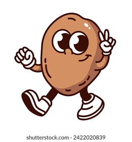 Groovy cartoon potato character with peace sign of fingers. Funny retro farm garden vegetable walking, raw potato for chips mascot, emoji and cartoon food sticker of 70s 80s style vector illustration