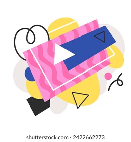 Groovy cartoon psychedelic collage of geometric shapes and lines. Funny retro doodle composition with cartoon figures and basic contemporary shapes, triangles and rectangles vector illustration