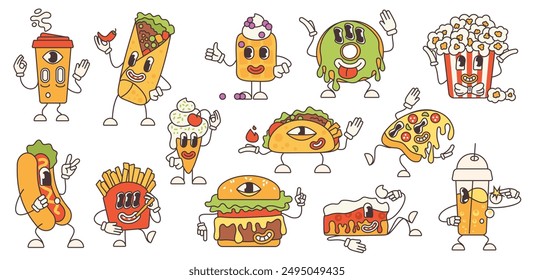 Groovy cartoon psychedelic food characters set. Funny retro fast food emoji with trippy distorted face, many eyes and smile. Pizza with cheese and burger, hotdog and cake stickers vector illustration