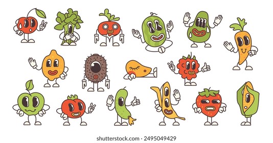 Groovy cartoon psychedelic fruit and vegetables characters set. Funny retro fresh summer food emoji with crazy smiles. Comic stickers of trippy strawberry and apple, broccoli vector illustration
