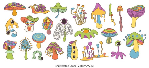 Groovy cartoon psychedelic mushrooms set. Funny retro surreal shrooms with eyes and magic melting amanita, snail and worm. Bright rainbow stickers collection of 70s 80s style vector illustration