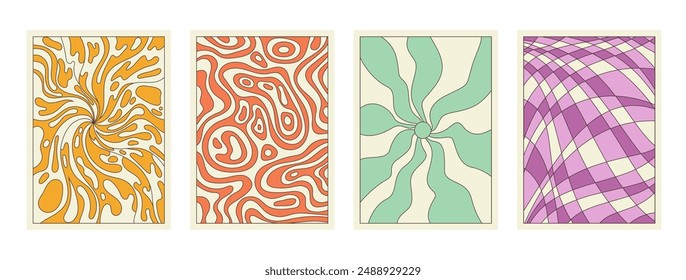 Groovy cartoon psychedelic patterns set. Artistic retro abstract wavy stripes and irregular figures, sun with radial rays and liquid in backgrounds collection of 70s 80s style vector illustration