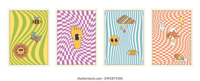 Groovy cartoon psychedelic patterns set. Trippy checkerboard and zebra lines texture with hippie emoji flower, magic mushroom and eye, backgrounds collection of 70s 80s style vector illustration