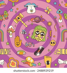 Groovy cartoon psychedelic seamless pattern with hippy emoji and funky stickers. Funny retro texture with trippy vibes elements, Love word. Magic background of 70s 60s style vector illustration