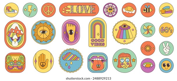 Conjunto de pegatinas psicodélicas de dibujos animados. Divertidos signos hippies retro y texto de buena vibra, Elementos funky trippy y emoji locos dentro de parches de Formas geométricas en la Ilustración vectorial de estilo de los años 60 y 70