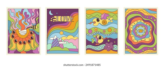 Groovy cartoon psychedelic wall art posters set. Funny retro landscape with mountains and rainbow, crazy fishes in waves, weird flower backgrounds collection of 70s 80s style vector illustration