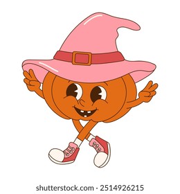 Groovy cartoon pumpkin character with hat. Retro halloween sticker.