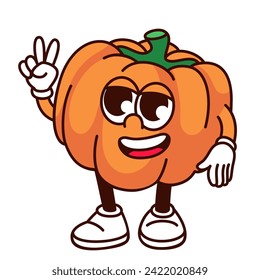 Groovy cartoon pumpkin character with V fingers. Funny retro orange vegetable with peace and love gesture, pumpkin with green stem mascot, cartoon food sticker of 70s 80s style vector illustration