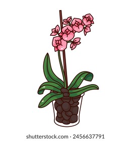 Groovy cartoon purple orchid branch in transparent pot. Funny retro tropical flower in bloom, home garden mascot, cartoon flowerpot of orchid blossom sticker of 70s 80s style vector illustration