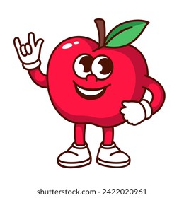 Groovy cartoon red apple character with green leaf and smile. Funny retro fruit showing horn gesture, apple mascot on rock music party, cartoon food sticker of 70s 80s style vector illustration