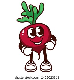 Groovy cartoon red beetroot character with green leaf. Funny retro root vegetable with happy face, farm harvest mascot. Cartoon food emoji, sugar beet sticker of 70s 80s style vector illustration