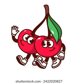 Groovy cartoon red cherry characters walking together. Funny retro two bright berry friends with leaf hugging, happy friendship mascot, cartoon cherry sticker of 70s 80s style vector illustration
