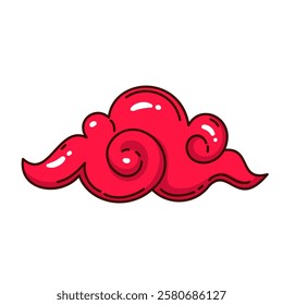 Groovy cartoon red cloud in Chinese style. Funny retro traditional element and lunar New Year decoration. CNY festival mascot, cartoon cute cloud in sky sticker of 70s 80s style vector illustration