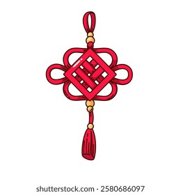 Groovy cartoon red luck knot with ornament and tassel. Funny retro hanging lucky charm. Chinese New Year decoration mascot, cartoon pendant with tassel sticker of 70s 80s style vector illustration