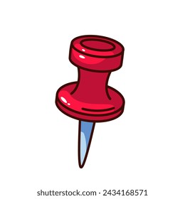 Groovy cartoon red push pin. Funny retro thumbtack with needle for paper memo note fixation, school and office stationery mascot, cartoon pin button sticker of 70s 80s style vector illustration