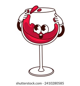 Groovy cartoon red wine glass character with surprise expression on face. Funny retro emoji of cup with pouring wine, winery mascot, wineglass cartoon sticker of 60s 70s style vector illustration