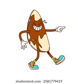 Groovy cartoon retro brazilian nut character. Healthy organic food snack groovy isolated vector mascot. Brazil nut funny personage or micronutrients source character laughing and pointing finger