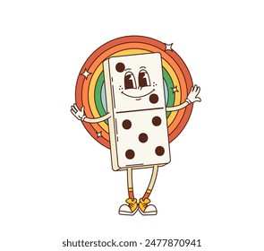 Groovy cartoon retro domino character with rainbow, vector 70s hippie comic art. Groovy funny domino piece with funky freaky smile in hipster shoes with rainbow, 70s hippie art cartoon game character