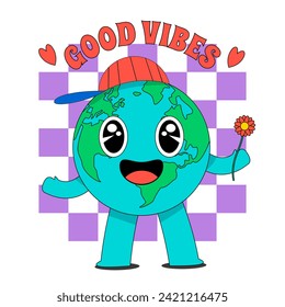 Groovy cartoon retro earth mascot character smiling with flover in hand.earth day.for print or tshirt design. vector illustration