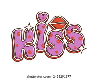 Groovy cartoon retro hippie kiss sign letters with lips for Valentine or wedding, vector love icon. 70s hippie art, groovy cartoon funky comic kiss lettering in pink with love kiss ans shine sparkles